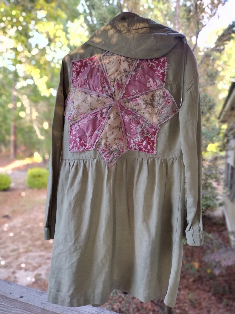Upcycled Olive Green Babydoll Jacket with Pink Floral Patchwork